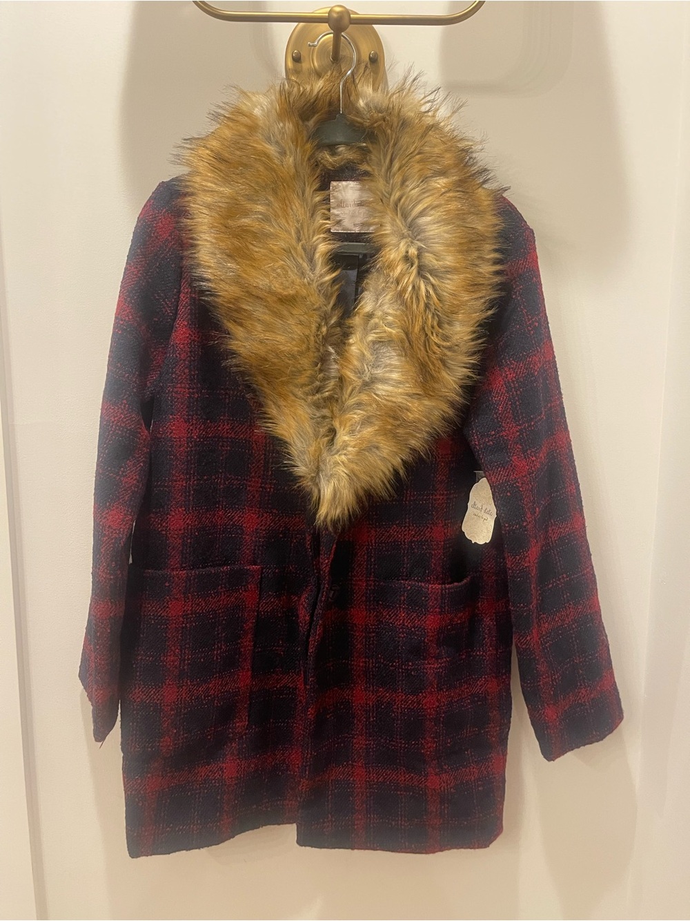 Altar'd State Red & Black Plaid Pea Coat with Faux-Fur Collar NEW WITH TAGS
